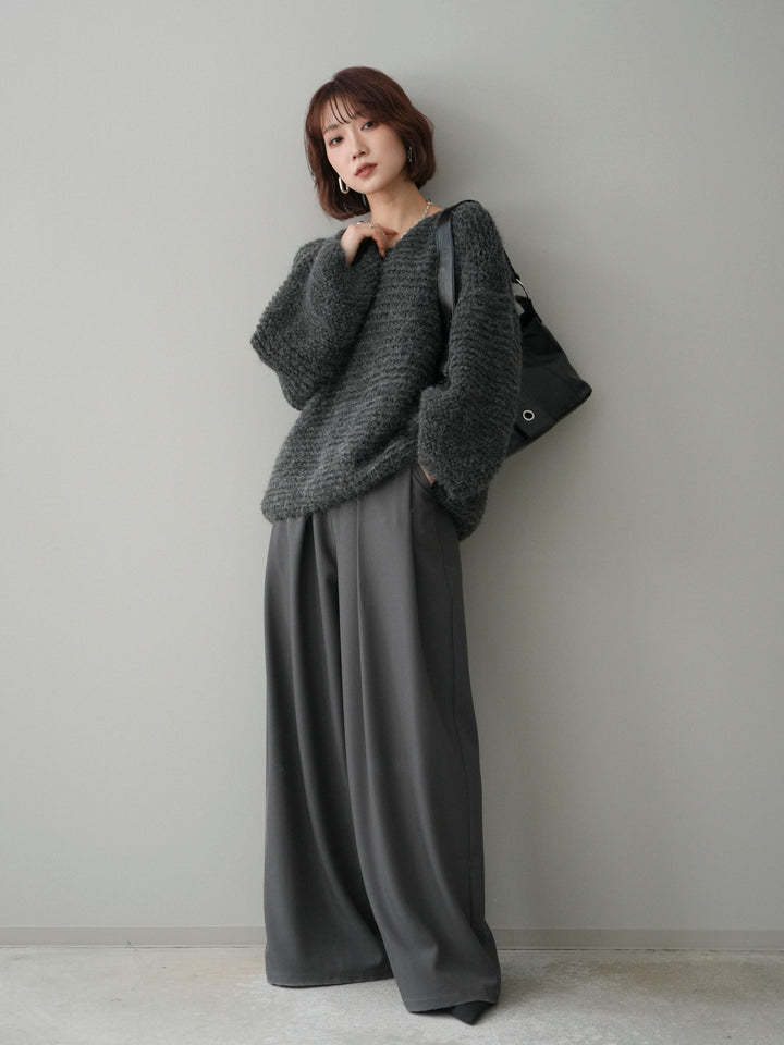 [SET]ワッフル編みシャギーニットプルオーバー+ベルトループデザインワイドパンツ(2set)
