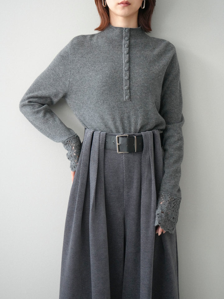 [SET]袖スカラップレースフロントボタンウールニットトップス+ベルトデザインループコールテンワイドパンツ(ベルト付き)(2set)