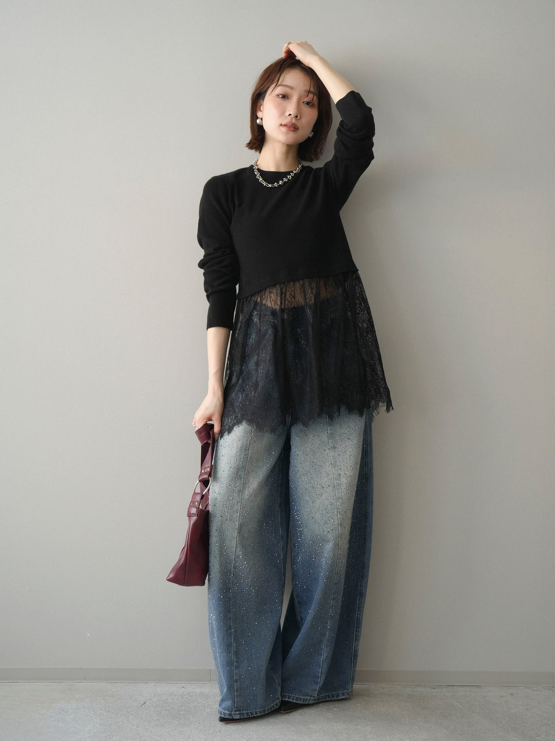 [SET]クルーネックレースドッキングリブニットトップス+フロントビジューカーブデニムパンツ(2set)