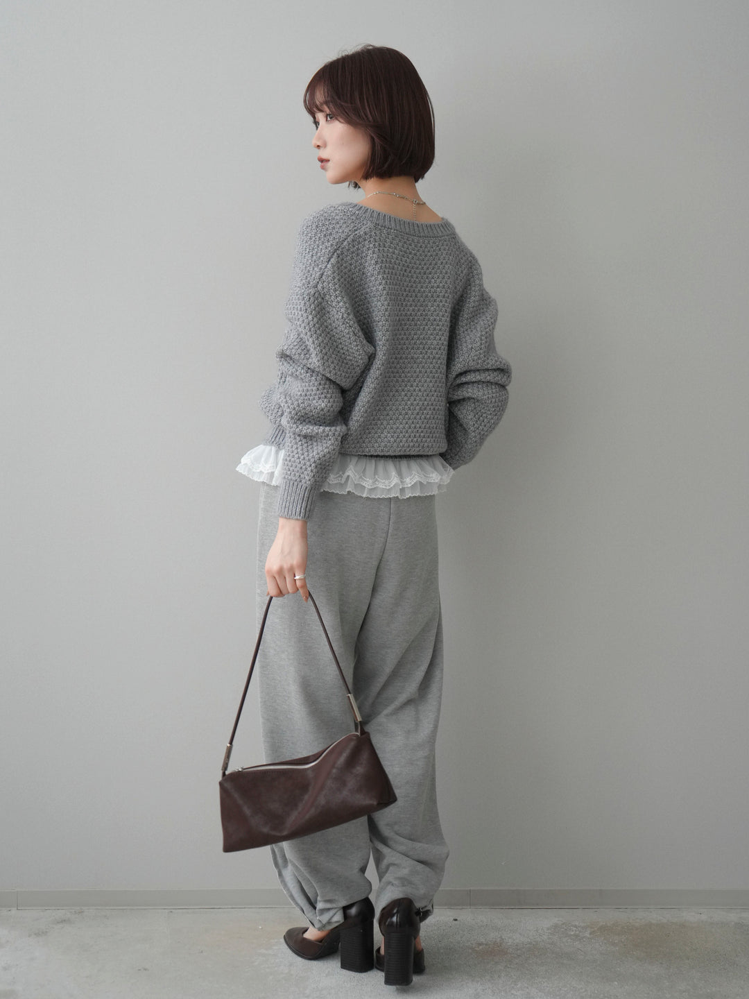 [SET]裾レースケーブルニットカーディガン+2WAYデザインスウェットパンツ(2set)
