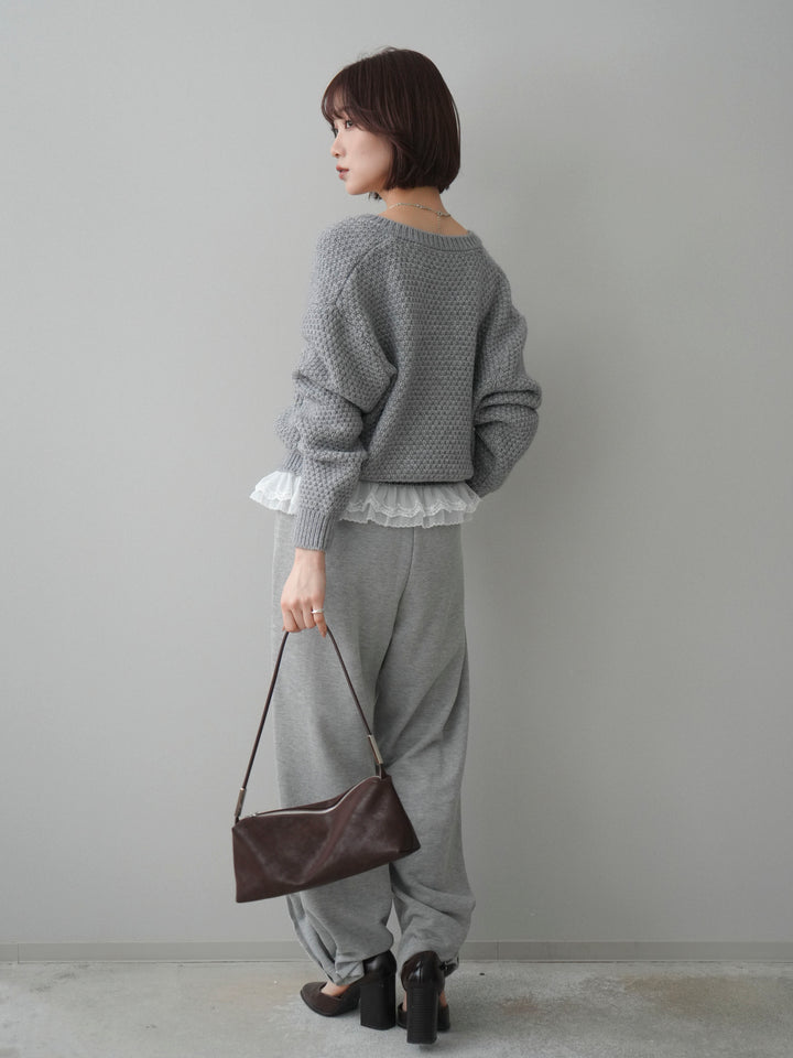 [SET]裾レースケーブルニットカーディガン+2WAYデザインスウェットパンツ(2set)