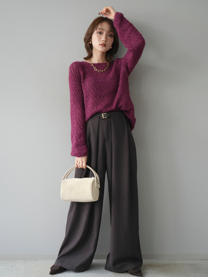 【着回しセット】[SET]求心柄クロップドニットカーディガン+異素材ミックスヤーンニットプルオーバー+ベルトループデザインワイドパンツ(3set)