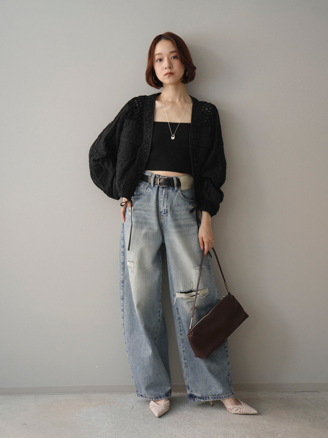 [SET]パッチワークシアーフリルブルゾン+カップ付テレコリブベアキャミソール+ダメージデニムセミワイドパンツ(3set)