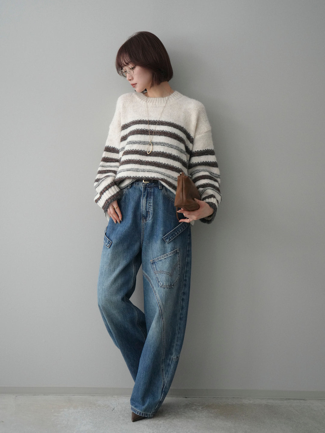 [SET]ステッチボーダーニットプルオーバー+ペインターカーブデニムパンツ(2set)