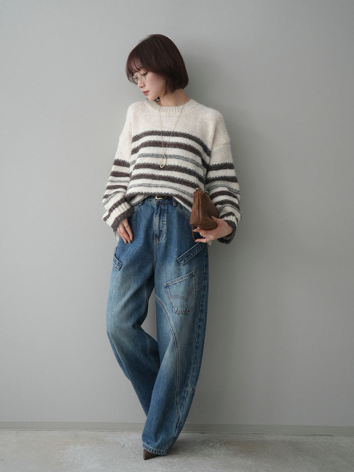 [SET]ステッチボーダーニットプルオーバー+ペインターカーブデニムパンツ(2set)