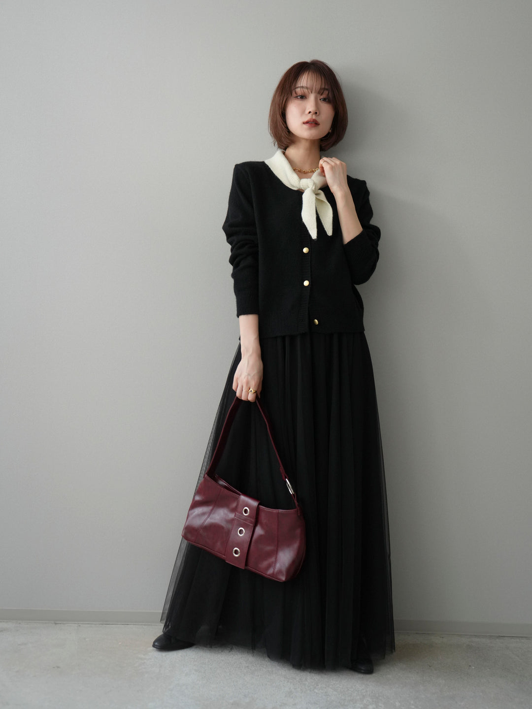 [SET]デザイン襟ニットカーディガン+チュールボリュームスカート(2set)