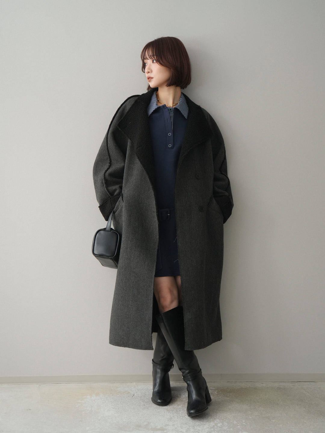 [SET]チェック襟xスエットミニワンピース+アウトシーム裏ボアコート(2set)