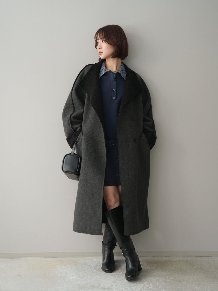 [SET]チェック襟xスエットミニワンピース+アウトシーム裏ボアコート(2set)