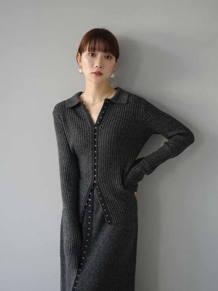 [預訂] 鉤眼細部領口針織開襟衫/炭灰