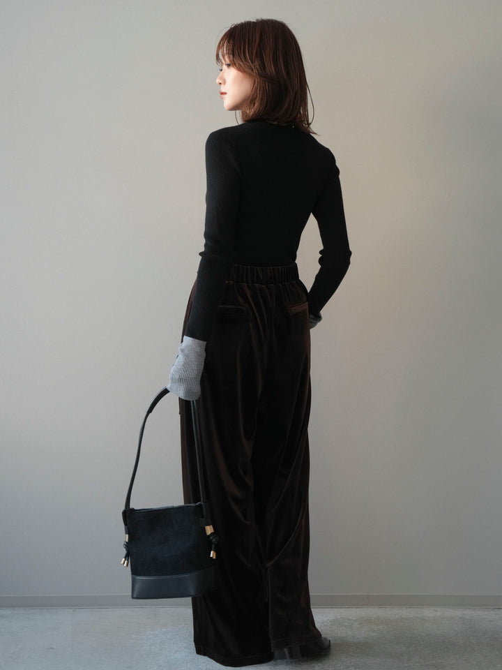 [SET]袖ボタンハイネック配色リブニットトップス+ベロアベルトスリムパンツ(2set)