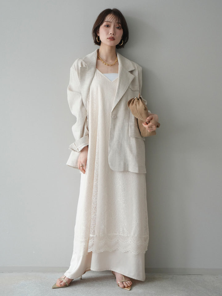 [SET]サテンレースレイヤードキャミワンピース+リネンタッチオーバージャケット(2set)