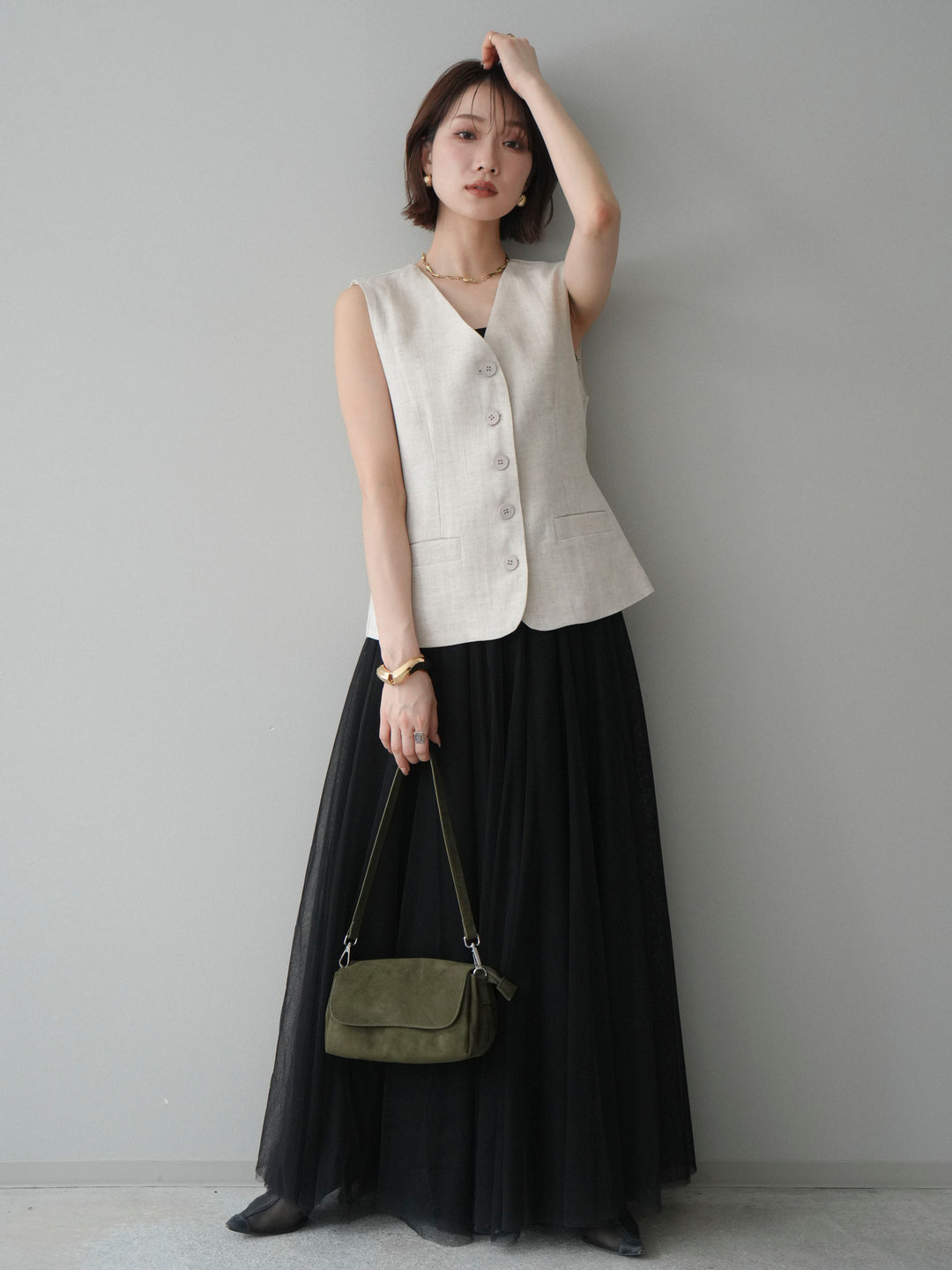 [予約]リネンタッチVネックジレ/ivory