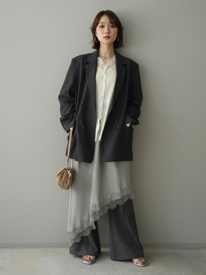 [SET]ダブルブレストオーバージャケット+レースネックジャガードニットカーディガン+サテンライクアシメレーススカート+センターシームフレアパンツ(4set))