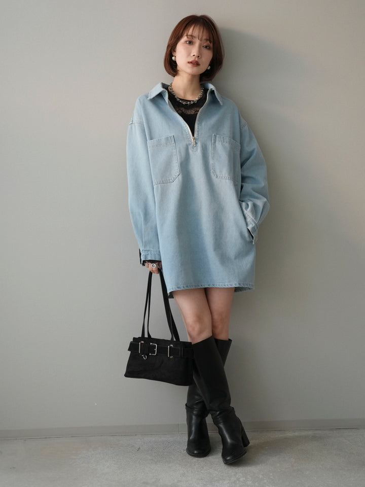 [SET]ハーフジップデニムミニワンピース+チュールレーストップス(2set)