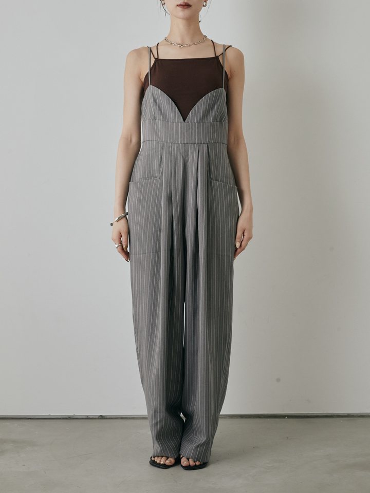 [予約]ヘリンボーンストライプサロペット/チャコール