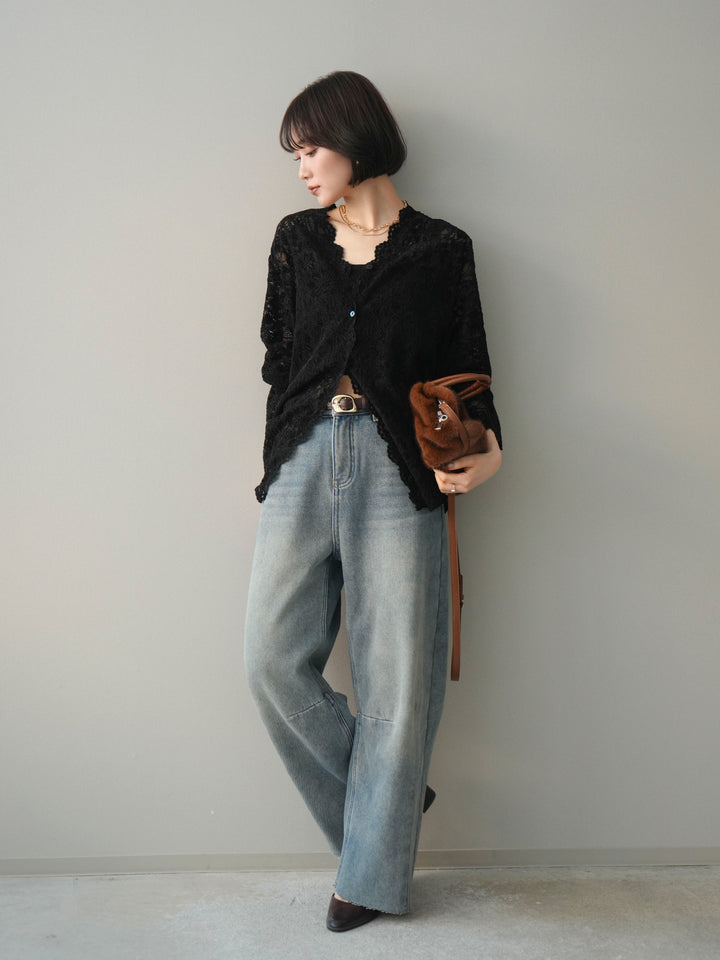 [SET]Vネックレースブラウス+裏起毛カットオフカーブデニムパンツ(2set)