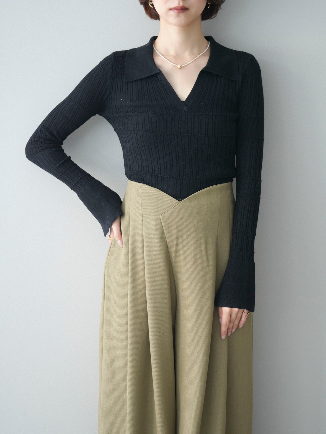 [予約]シアーリブスキッパーニットトップス/black