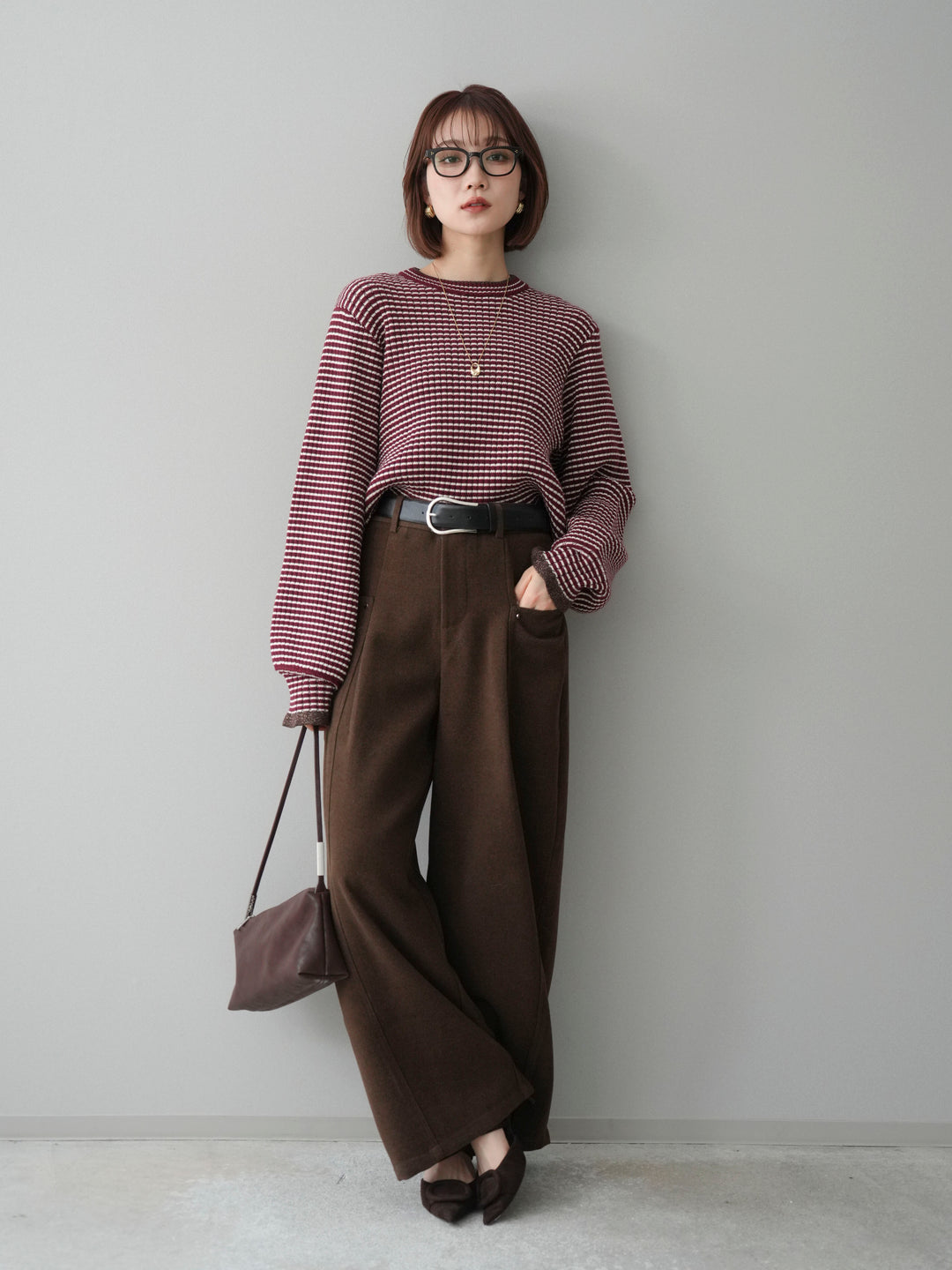 [SET]ラメ異素材ボーダーリブニットプルオーバー+ベルト付起毛コクーンパンツ(2set)
