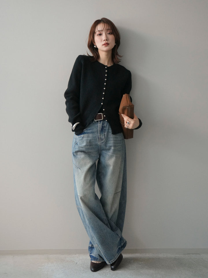 [SET]シルバーボタン畦編みニットカーディガン+ベルト付カーブデニムパンツ(2set)
