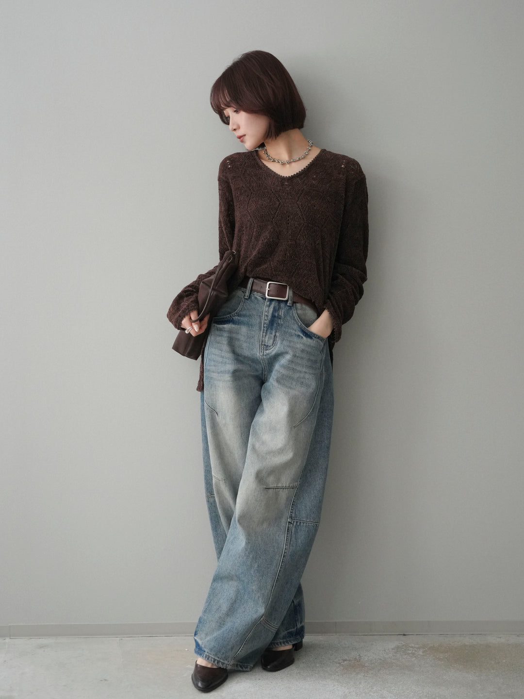 [SET]モール透かし編みニットトップス+ベルト付カーブデニムパンツ(2set)