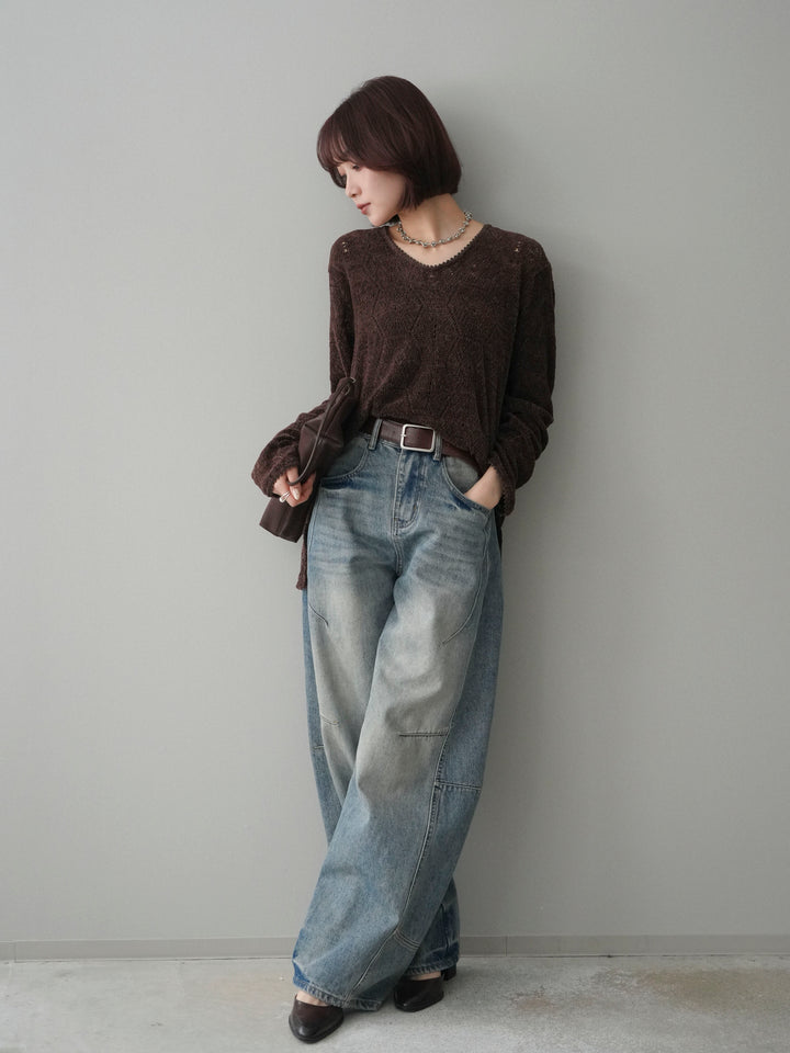 [SET]モール透かし編みニットトップス+ベルト付カーブデニムパンツ(2set)