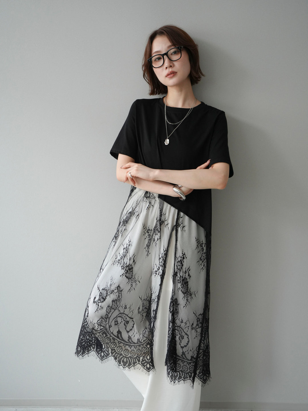 [SET]レースドッキングレイヤードワンピースTEE+とろみサテンイージーパンツ(2set)