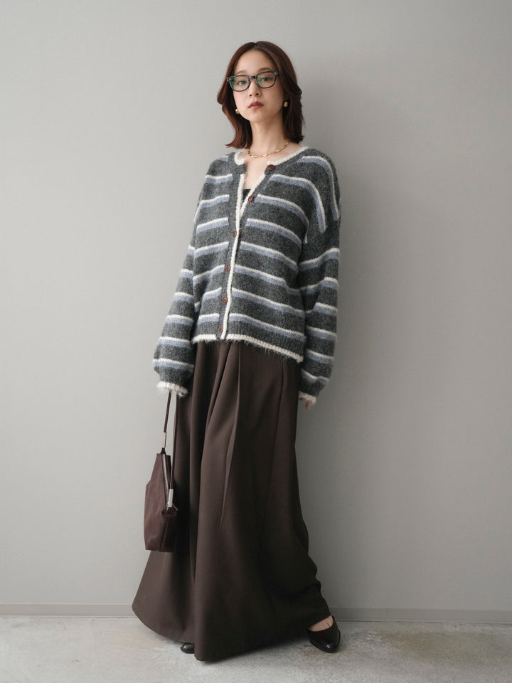 [SET]ウールタッチ配色ボーダーニットカーディガン+テープベルトタックバギーパンツ(2set)