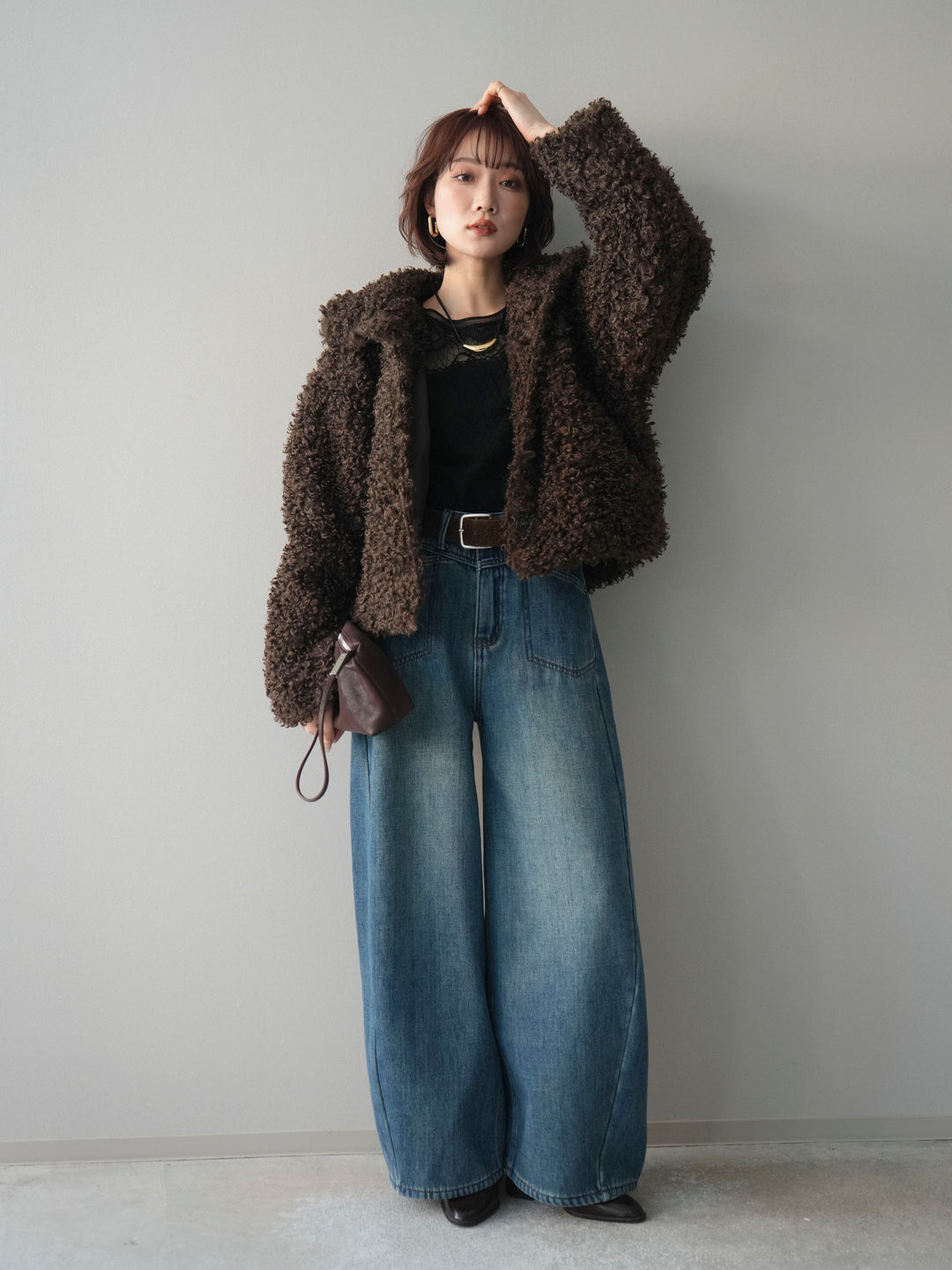 [SET]プードルファーミドルスタンドブルゾン+ベルト付裏起毛カーブデニムパンツ(2set)