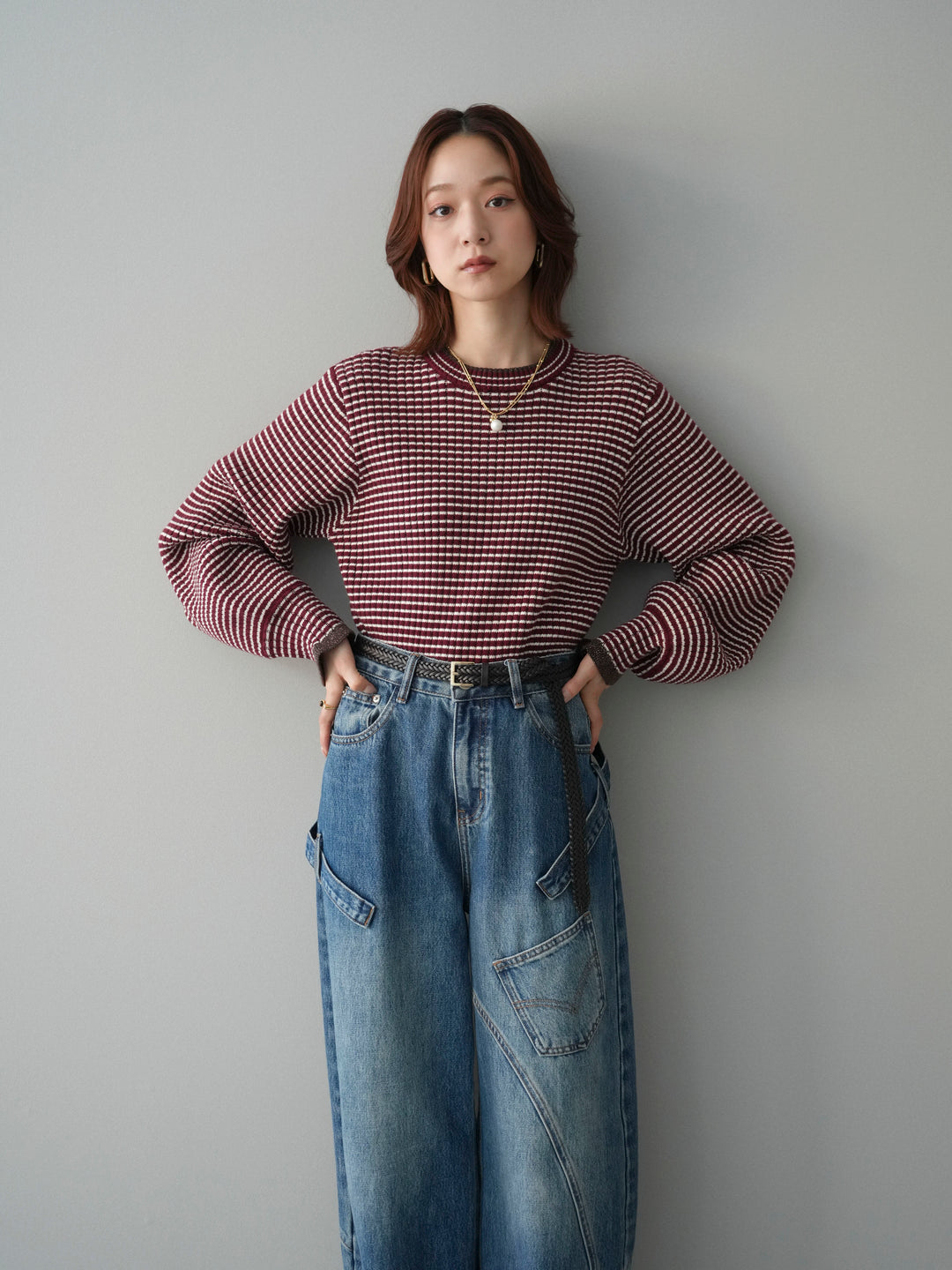 [SET]ラメ異素材ボーダーリブニットプルオーバー+ペインターカーブデニムパンツ(2set)