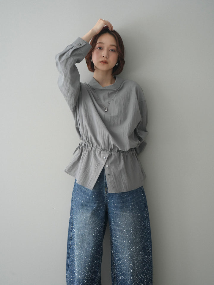 [予約]ボトルネックドロストデザインブラウス/gray
