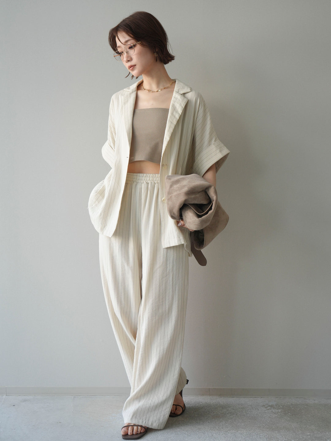 [SET]ストライプハーフスリーブオーバージャケット+ストライプリラックスワイドパンツ(2set)