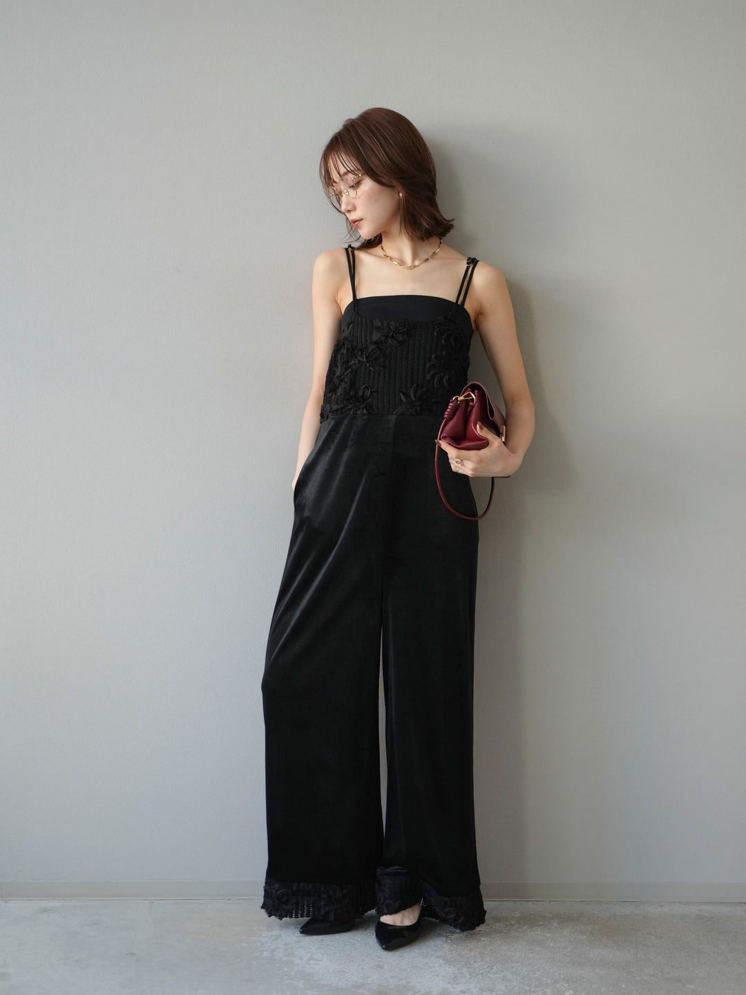 [予約]ジャガード切替ベロアサロペット/ブラック