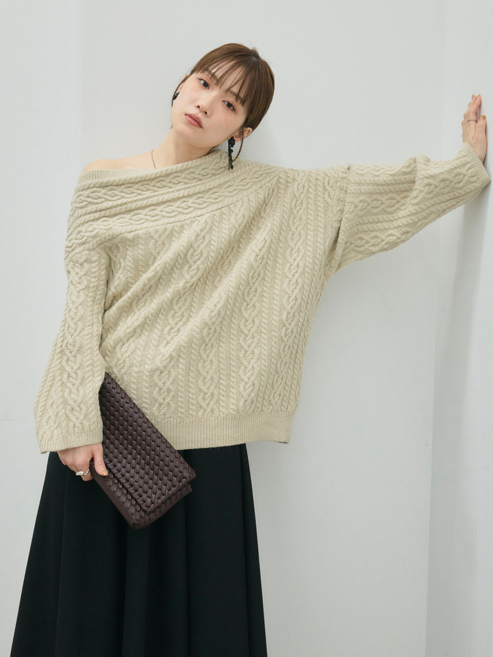 【Allure】[SET]ケーブルワンショルニットプルオーバー+ウールタッチフレアスカート(2set)