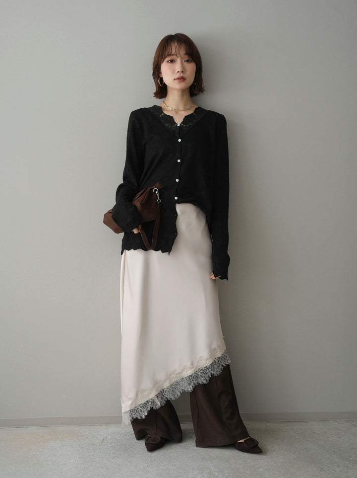 [SET]レースネックジャガードニットカーディガン+センターシームフレアパンツ(2set)