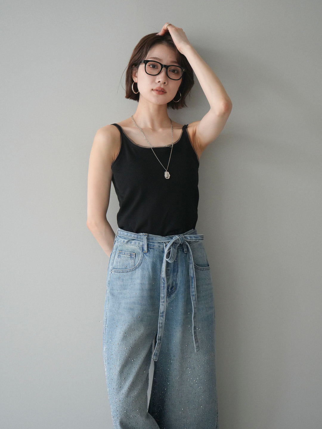 [予約]カップ付リブチュールタンク/black