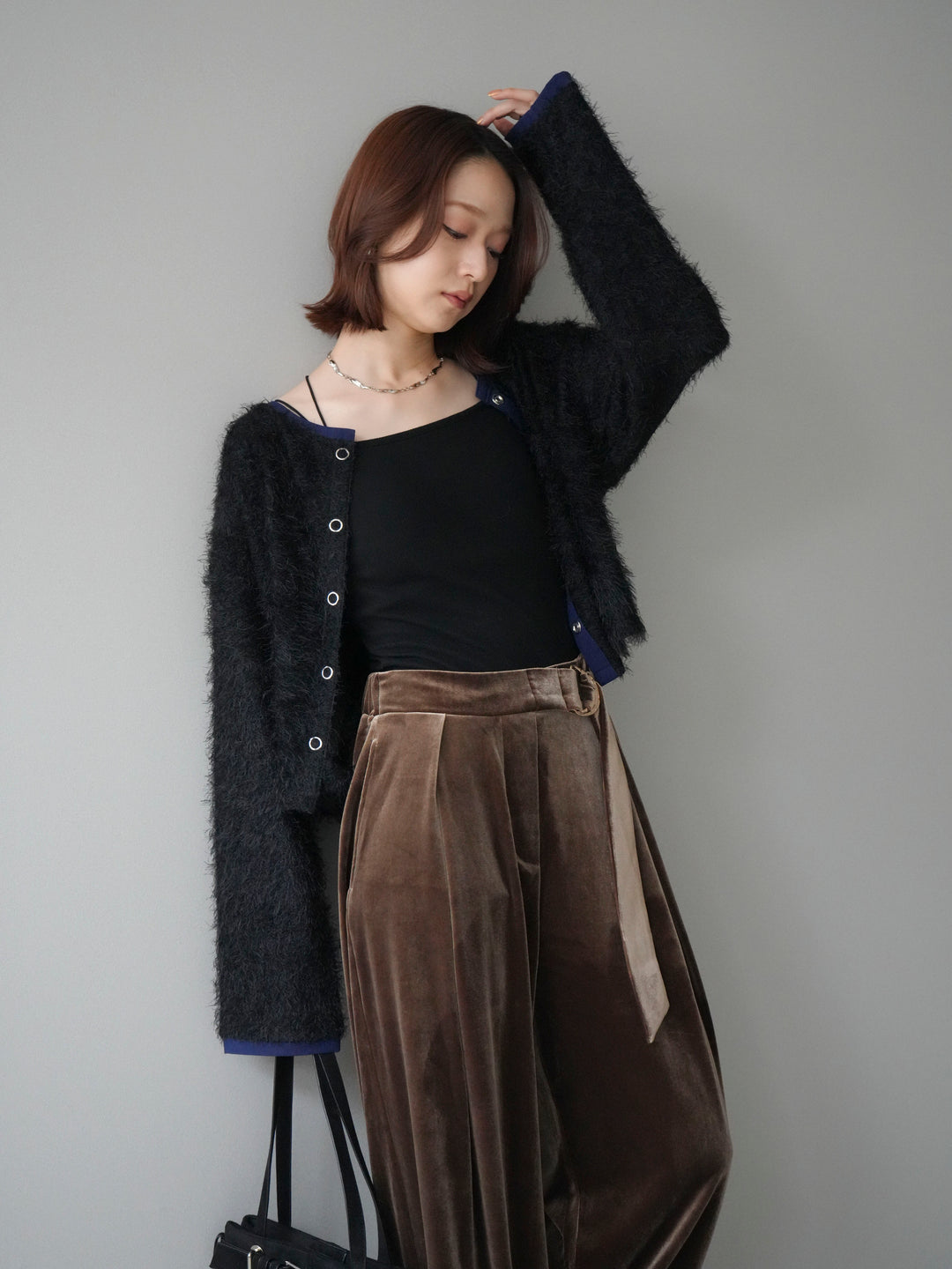 [予約]バイカラー2WAYシャギーニットカーディガン/black