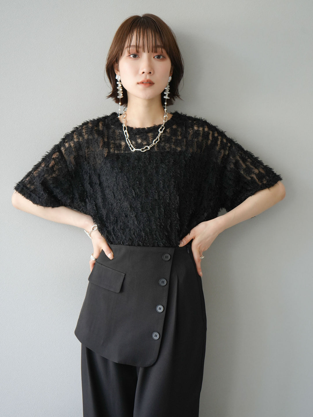 [Pre-order] Fringe Tulle 5/4 Sleeve Over Top/Black