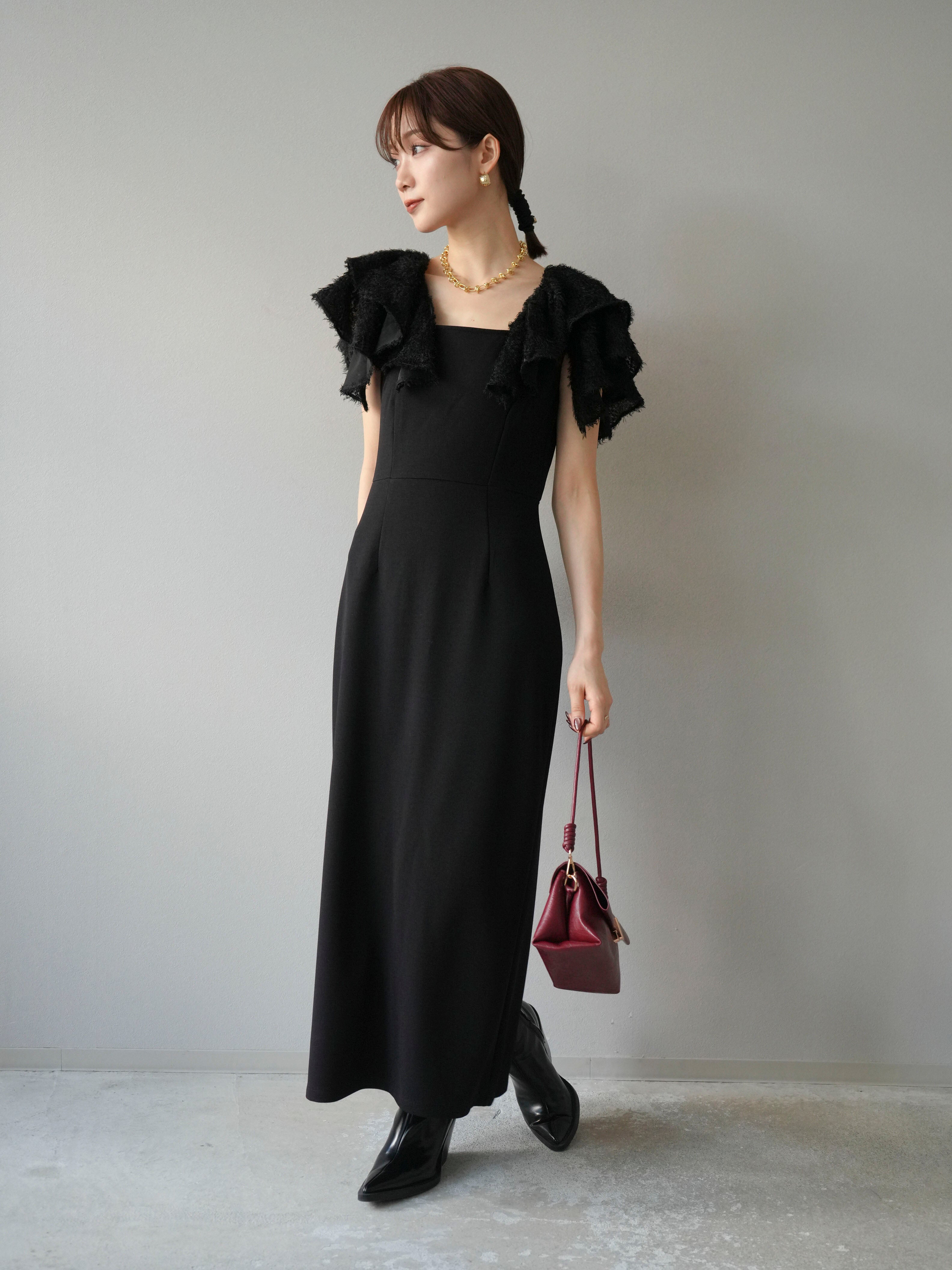 予約]ジャガードフレアスリーブドレス/ブラック – Lumier