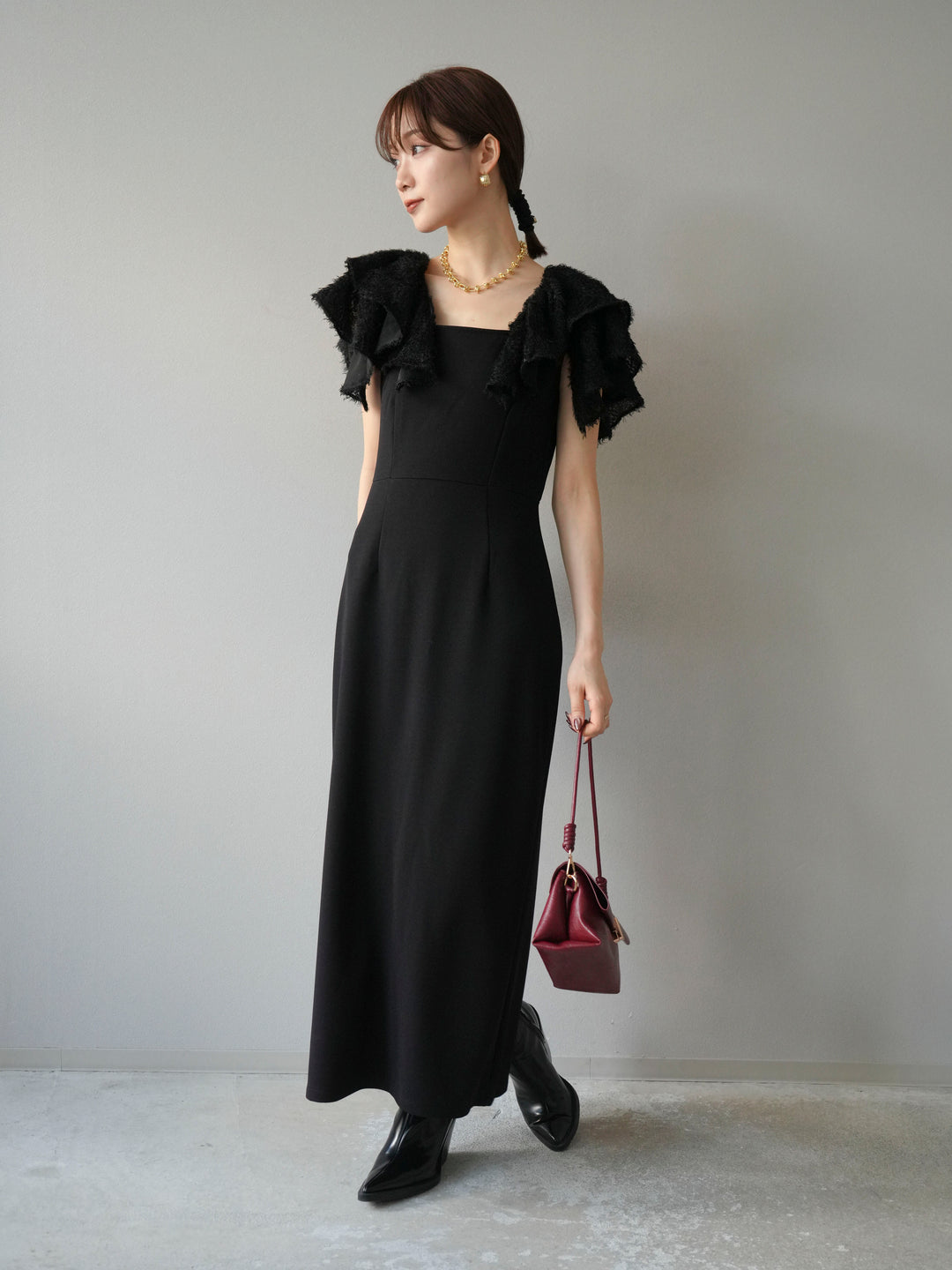 [予約]ジャガードフレアスリーブドレス/ブラック