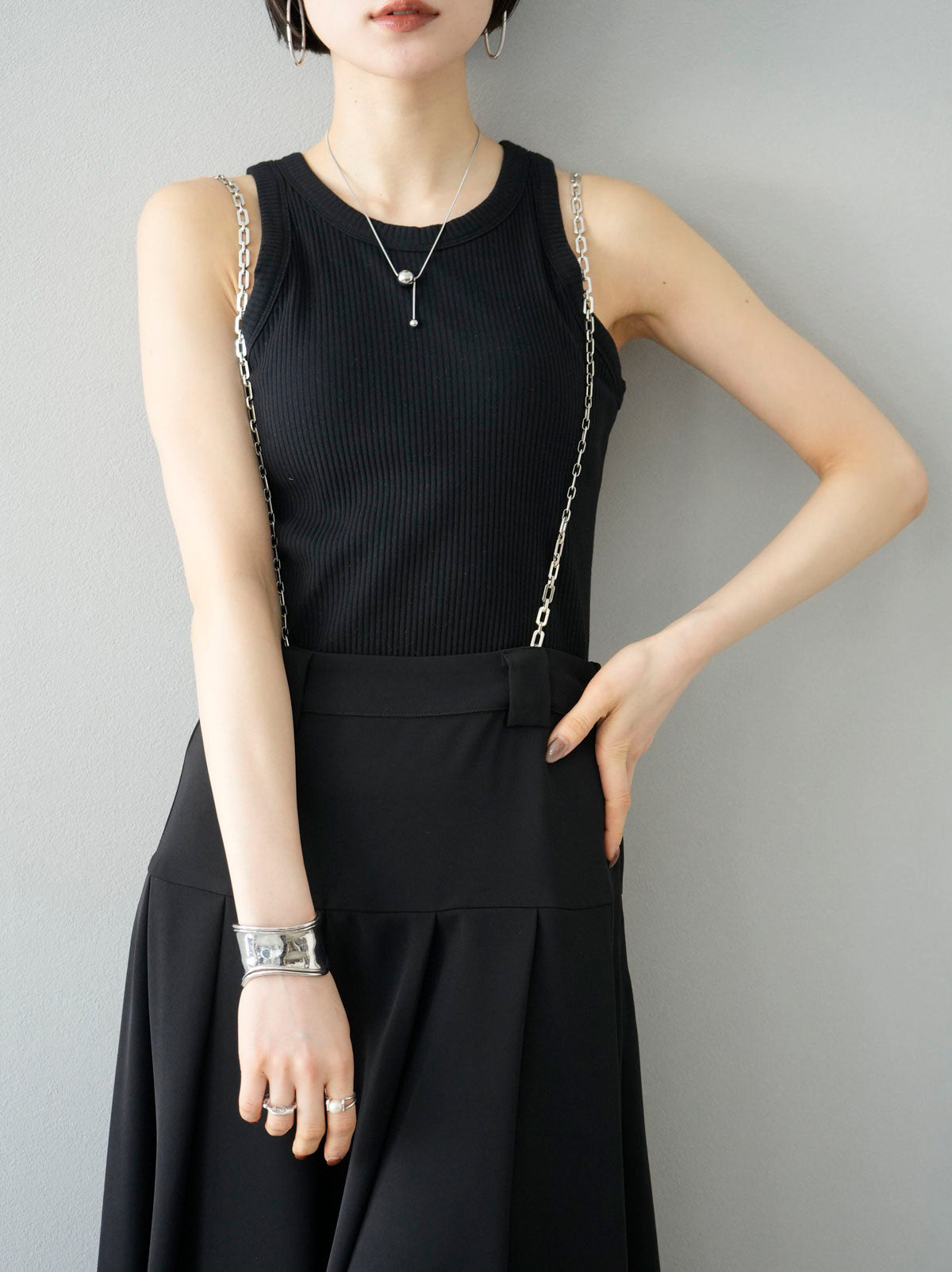 SET] Chain suspender tuck skirt + cut rib American sliver tank top