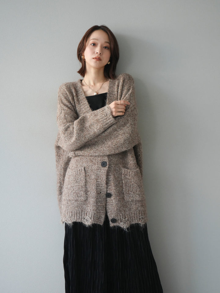 [予約]ミックスヤーンVネックオーバーニットカーディガン/brown