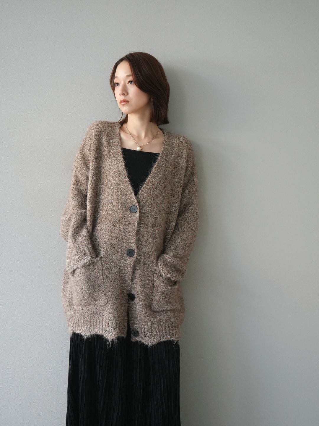 [予約]ミックスヤーンVネックオーバーニットカーディガン/brown