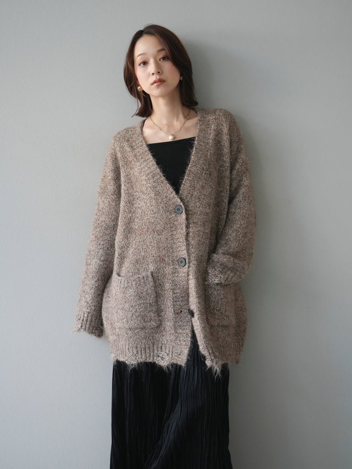 [予約]ミックスヤーンVネックオーバーニットカーディガン/brown