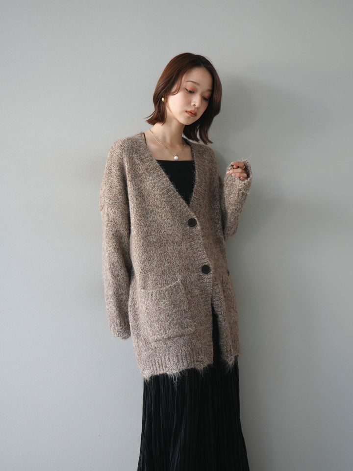 [予約]ミックスヤーンVネックオーバーニットカーディガン/brown
