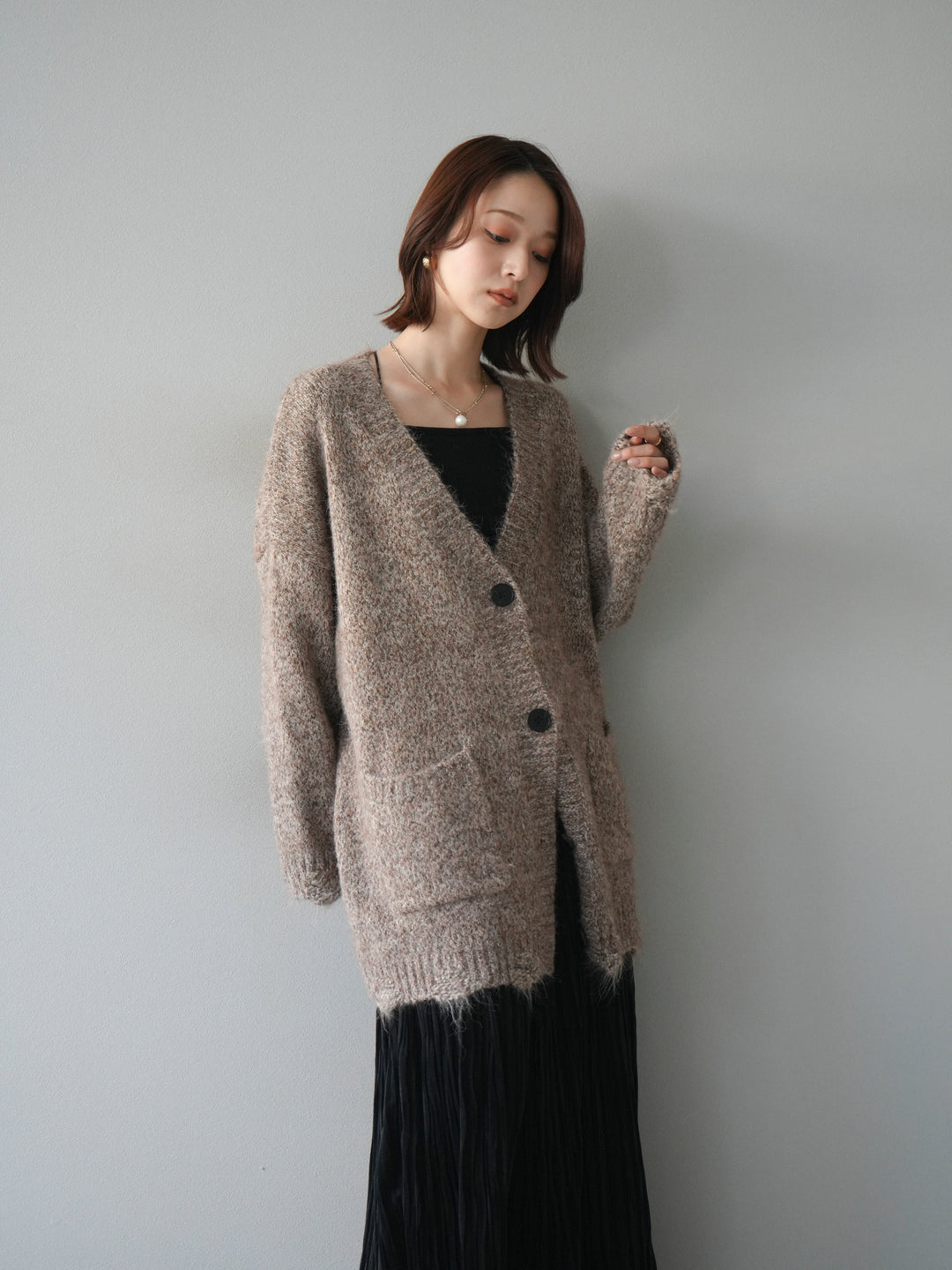 [予約]ミックスヤーンVネックオーバーニットカーディガン/brown