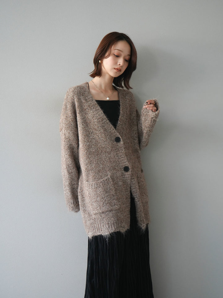[予約]ミックスヤーンVネックオーバーニットカーディガン/brown