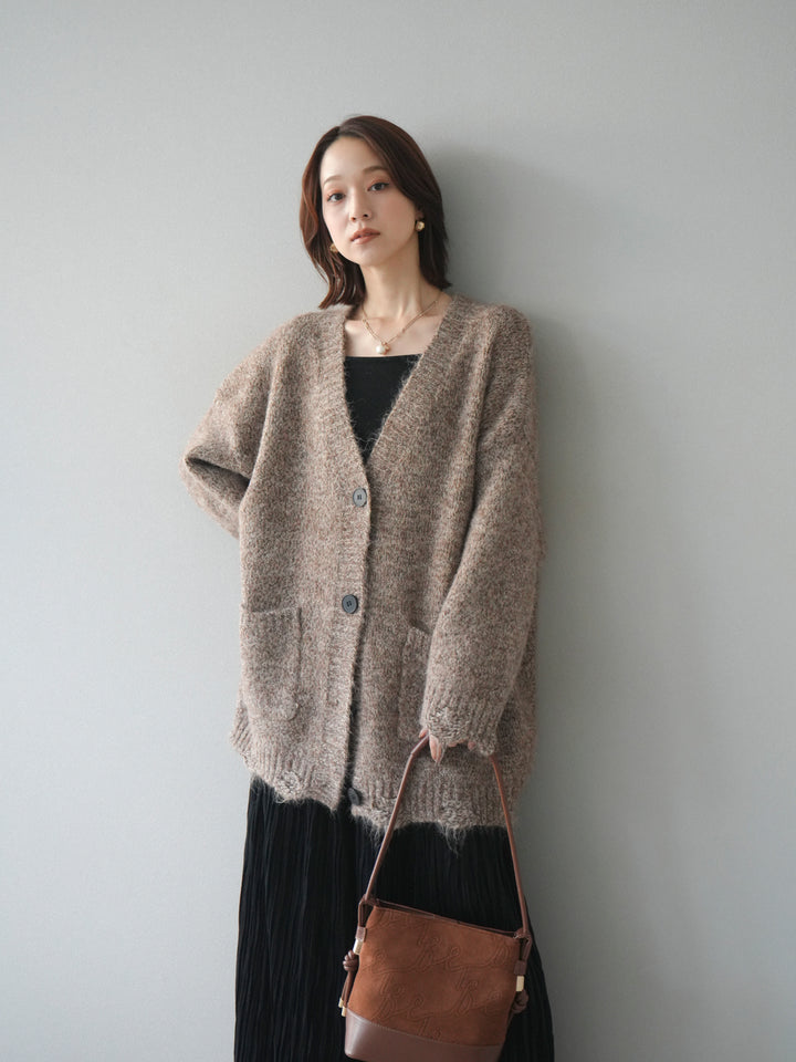 [予約]ミックスヤーンVネックオーバーニットカーディガン/brown