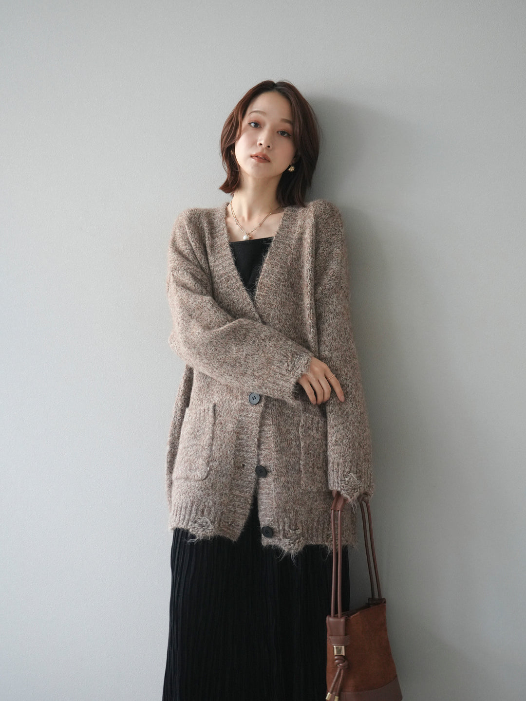 [予約]ミックスヤーンVネックオーバーニットカーディガン/brown