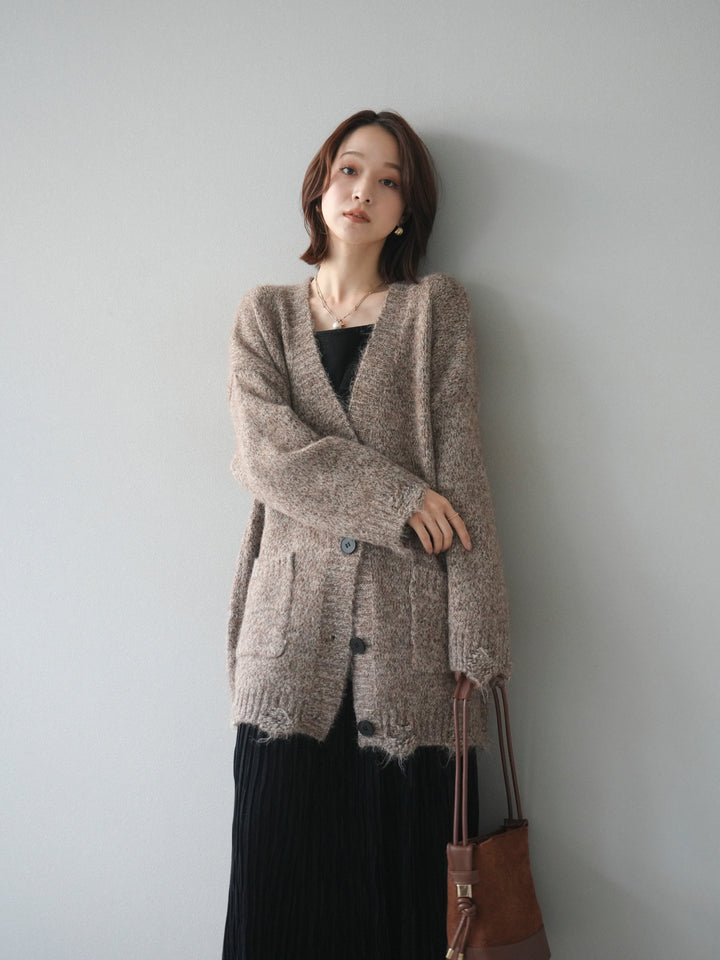 [予約]ミックスヤーンVネックオーバーニットカーディガン/brown
