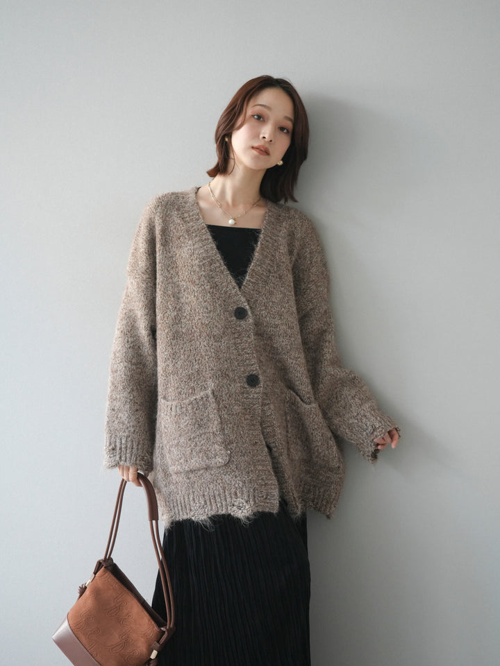 [予約]ミックスヤーンVネックオーバーニットカーディガン/brown